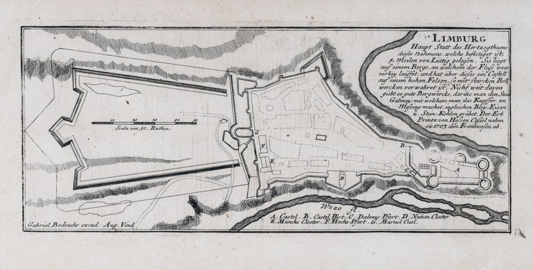 Plan sans perspective, Limbourg avec un long ouvrage à couronne Ville