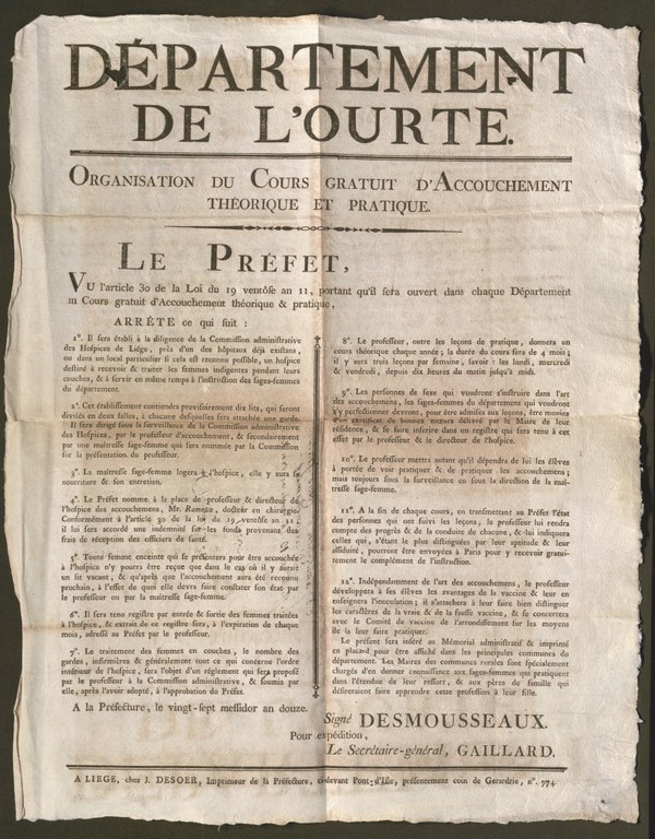 Affiche cours gratuit d'accouchement. 1804