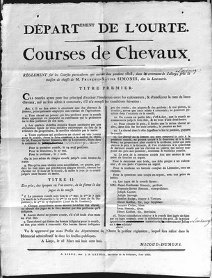 Affiche du règlement des courses de chevaux. 1808
