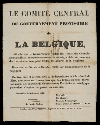 Affiches du Comité central du Gouvernement provisoire de la Belgique. 1830