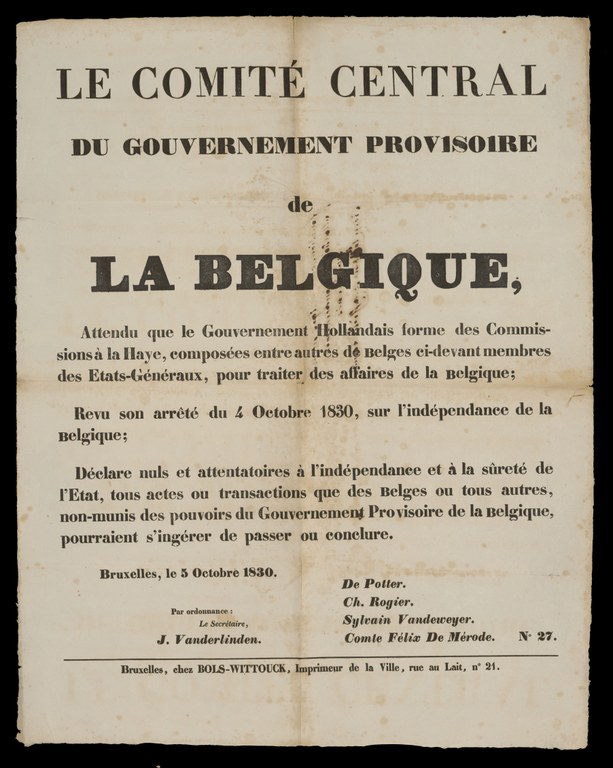Affiches du Comité central du Gouvernement provisoire de la Belgique. 1830