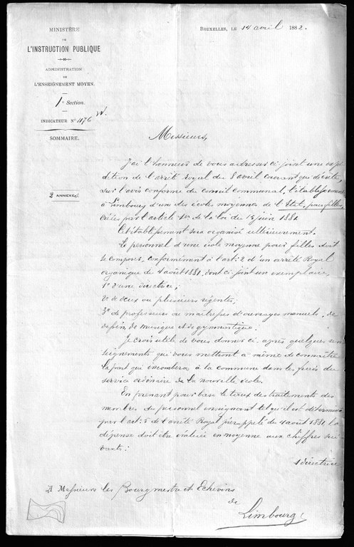 Etablissement et organisation - école moyenne 1882