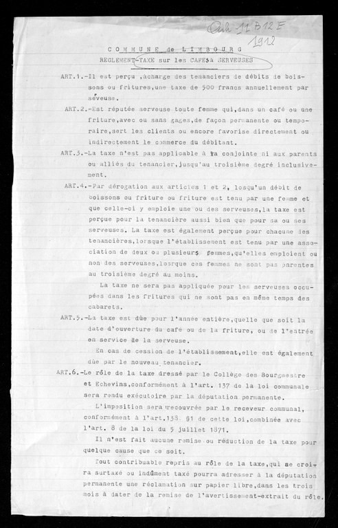 Règlement de la taxe sur les cafés à serveuses. 1912