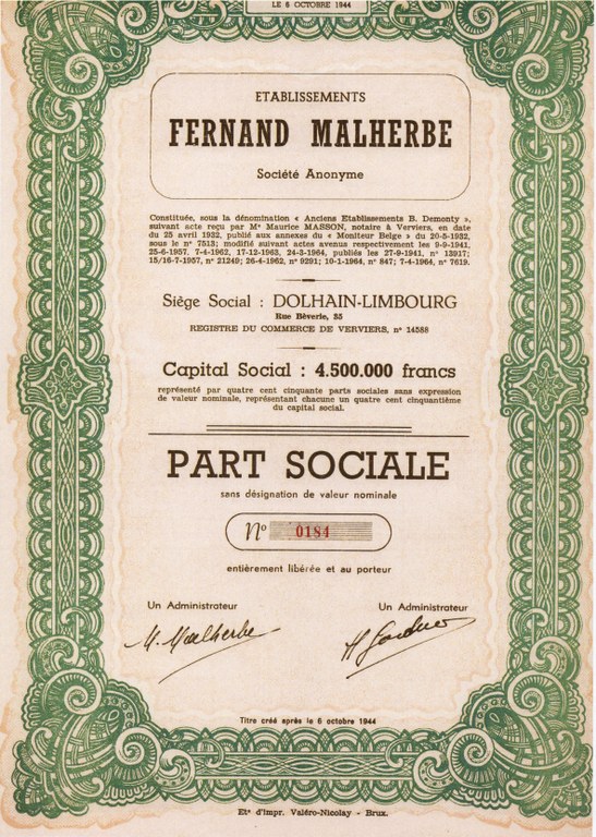Part sociale des établissements Fernand Malherbe