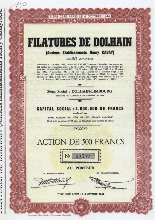 Titre au porteur de l'établissement Henry Cabet