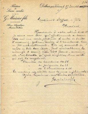 Dolhain - Lettre de la filature Maisier datée de 1900