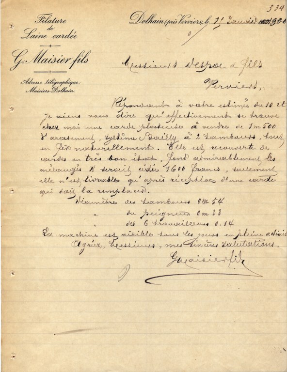 Dolhain - Lettre de la filature Maisier datée de 1900