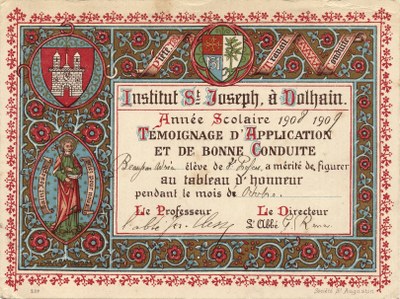 Certificat pour bonne conduite en 1908-1909