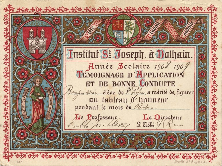 Certificat pour bonne conduite en 1908-1909