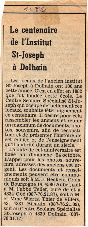 Extrait de journal pour les 100 ans de l'institut en 1982
