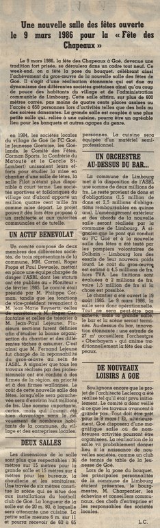 Extrait de presse : "Nouvelle salle des fêtes à Goé pour la Fête des Chapeaux"
