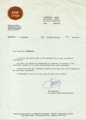 Lettre de remerciements de Guy Lemaire à M. Zimmermann