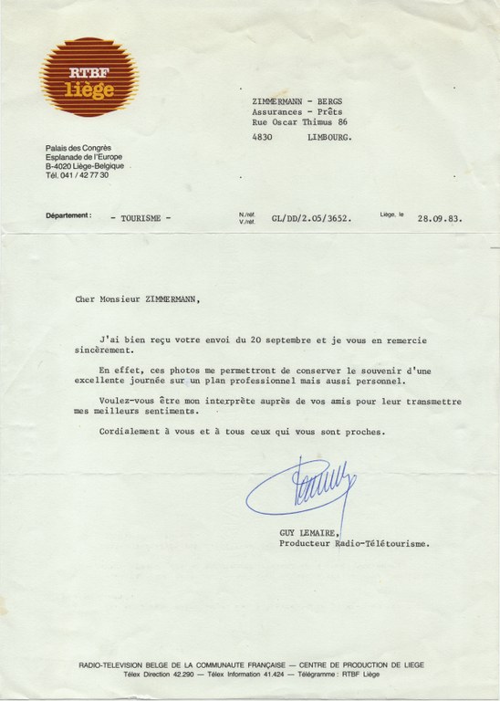 Lettre de remerciements de Guy Lemaire à M. Zimmermann