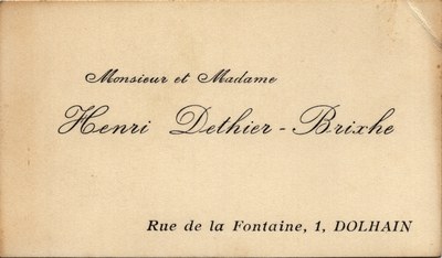 Carte de visite de Monsieur et Madame  Henri Dethier-Brixhe