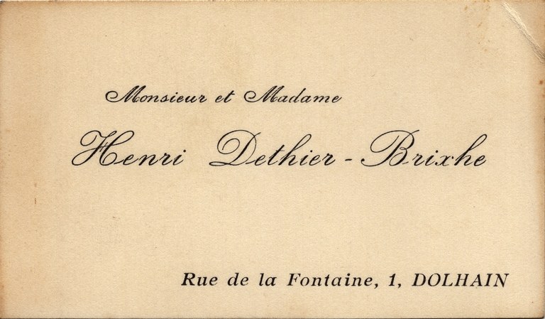 Carte de visite de Monsieur et Madame  Henri Dethier-Brixhe
