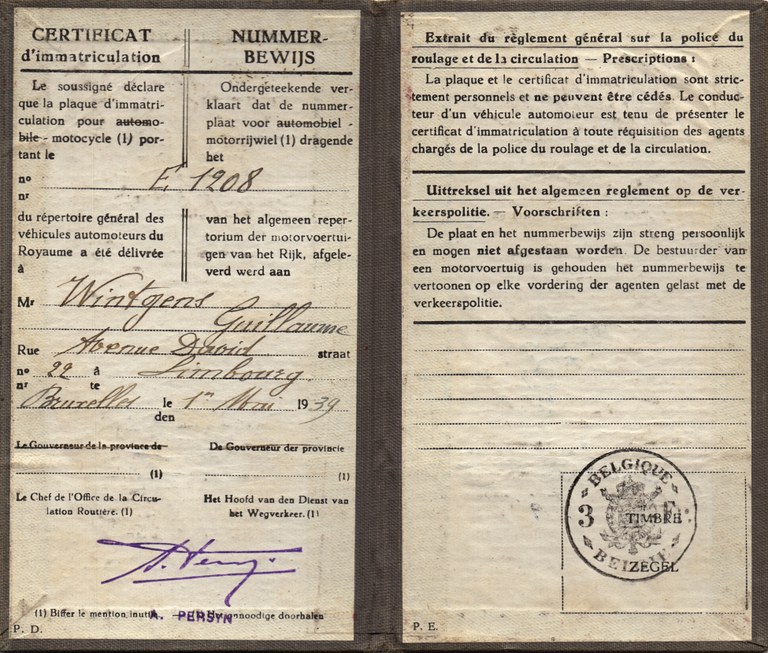 Certificat d'immatriculation de M. Guillaume Wintgens