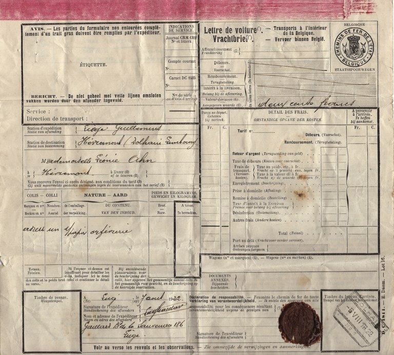 Lettre de voiture délivrée à Léonie Ohn en 1922
